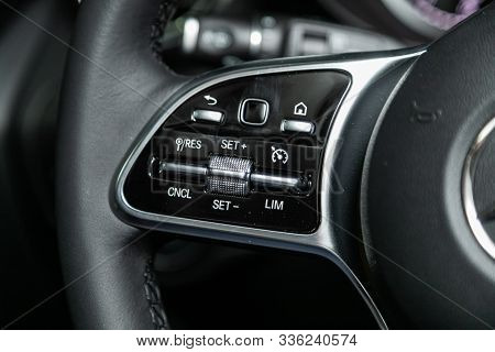 Novosibirsk, Russia - October 10, 2019:  Mercedes-benz Gls-class, New Black Steering Wheel With Mult