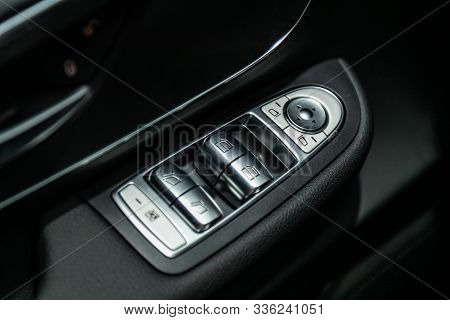 Novosibirsk, Russia - October 10, 2019:  Mercedes-benz V-class, Close Up Of A Door Control Panel In 