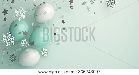 Winter Abstract Banner, Balloon, Snow Icon Confetti On Green. Copy Space Text. 3d Rendering Illustra