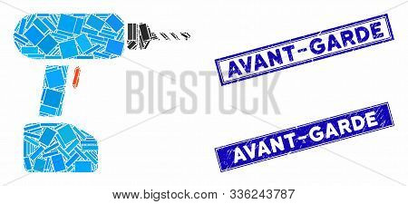 Mosaic Drill Icon And Rectangular Avant-garde Seal Stamps. Flat Vector Drill Mosaic Pictogram Of Ran