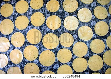 Khichiya Papdi Papad Rice Flour Crackers Or Papadom Drying In The Sun (chawal Ke Papad)