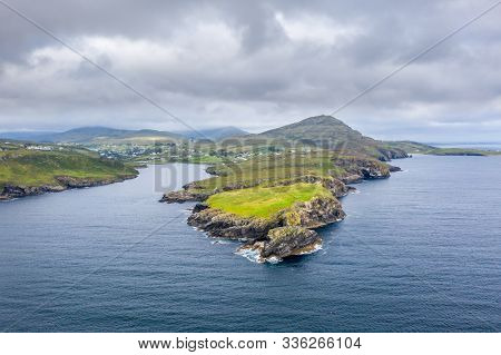 Aerial View Of Teelin Bay And Kilcar In County Donegal On The Wild Atlantic Way In Ireland