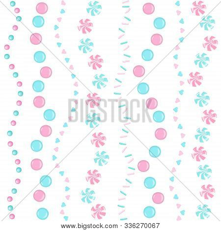 Rose And Blue Sweet Sprinkles Swirled Ribbins Seamless Wave Pattern. Pearl Sugar