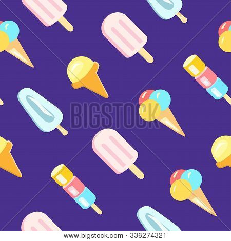 Cute Seamless Pattern With Ice Cream In Wafer, Waffle Or Sugar Cone. Backdrop With Delicious Frozen 