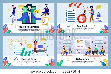 Flat Banner, Inscription Excellent Grade, Cartoon. Set Online Education, Poor Grade, Student Lecture