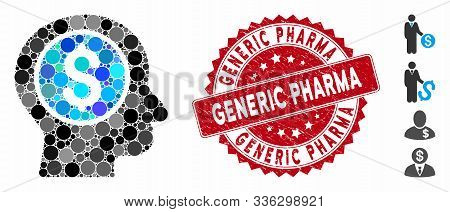 Collage Banker Icon And Distressed Stamp Seal With Generic Pharma Phrase. Mosaic Vector Is Designed 