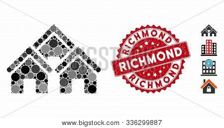 Mosaic Town Buildings Icon And Corroded Stamp Seal With Richmond Phrase. Mosaic Vector Is Composed W