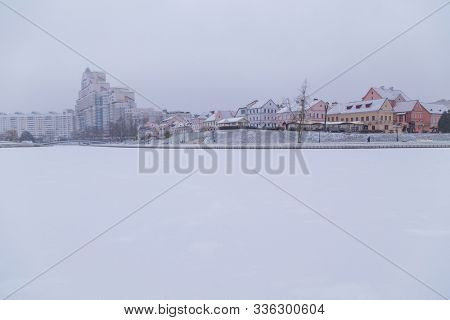 Minsk, Belarus. NemigaTrinity Suburb. City landscape. Svislach river bank in the city center