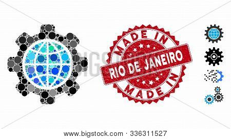 Mosaic Global Options Icon And Distressed Stamp Seal With Made In Rio De Janeiro Text. Mosaic Vector