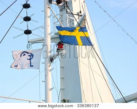 Pipe Large Ferry With The Flag Of Sweden