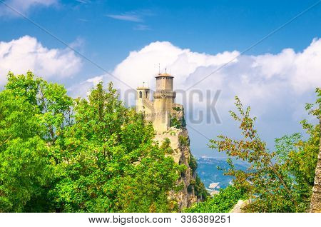 Republic San Marino Prima Torre Guaita First Fortress Tower With Brick Walls On Mount Titano Stone R