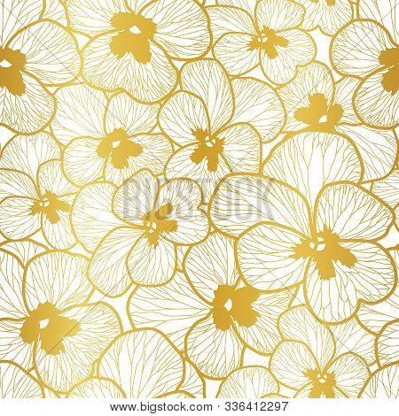 Vector Repeat Seamless Pattern With Pashy Flowers. Gold Foil. Image For Printing On Paper, Wallpaper