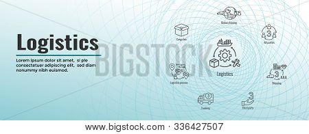 Logistics Icon Set And Web Header Banner W Buildings, Trucking, People And Shipping Box