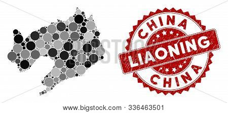 Mosaic Liaoning Province Map And Round Seal Stamp. Flat Vector Liaoning Province Map Mosaic Of Rando