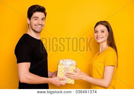 Photo Of Cheerful Positive Nice Charming Pretty Couple Of Spouses Celebrating Brithday Of Girlfriend