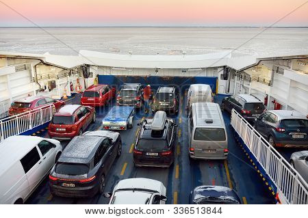 Virtsu, Estonia - January 03 2019: Ferryboat Between Virtsu And Kuivastu Settlements, Estonia. Sea T
