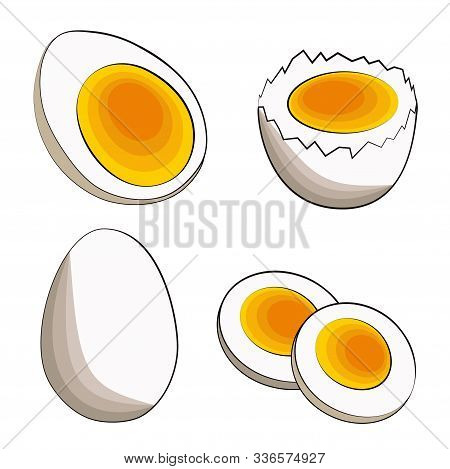 A Set Of Four Soft-boiled Eggs - Half, In Shell, Sliced And Whole. Vector Stock Illustration In Flat