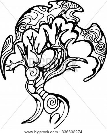 Illustration Of A Bud Walking Tree On The Roots. Tree Of Life With Ornament.