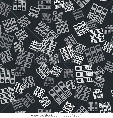 Grey Office Folders With Papers And Documents Icon Isolated Seamless Pattern On Black Background. Of