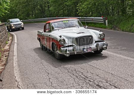 Passo Della Futa, Florence, Italy - May 18, 2013: Vintage American Car Studebaker Golden Hawk (1956)