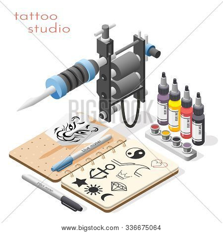 Tattoo Studio Accessoires Tools Supply Isometric Composition With Ink Design Sketches Liner Shader M