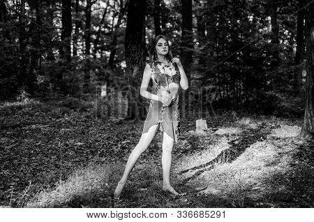 Perfect Body In Sexy Costume. Sexy Girl In Leather Clothes. Ethnic Tribal Fashion. Deep Forest. Amaz