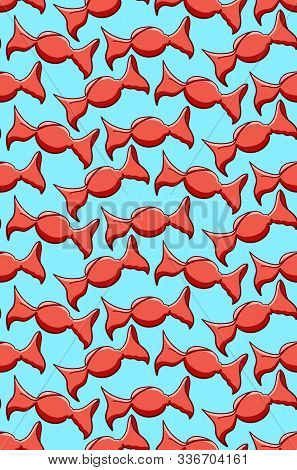 Candies In Red Wrapper Seamless Pattern On Blue Background