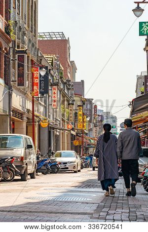 Taipei, Taiwan - Nov 12, 2019 : Dihua Street Market, Famous Tourist Attraction, People Can Seen Walk