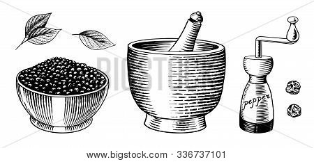 Black Pepper Set In Vintage Style. Mortar And Pestle, Allspice Or Peppercorn, Mill And Dried Seeds. 