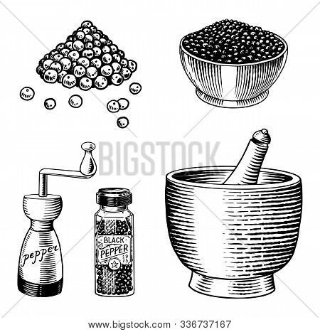 Black Pepper Set In Vintage Style. Mortar And Pestle, Allspice Or Peppercorn, Mill And Dried Seeds. 