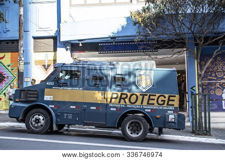Sao Paulo, Brazil, October 05, 2019. Protege Armored Truck Parking In Augusta Street, Downtown Sao P
