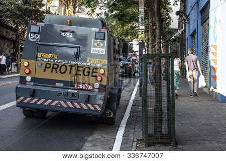 Sao Paulo, Brazil, October 05, 2019. Protege Armored Truck Parking In Augusta Street, Downtown Sao P