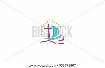 Christian Church Cross Sailing Ship Logo Icon Vector Symbol Simple