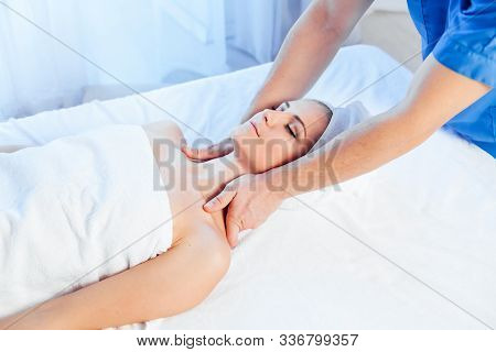 Girl Masseur Doing Massage Neck Face Spa Health