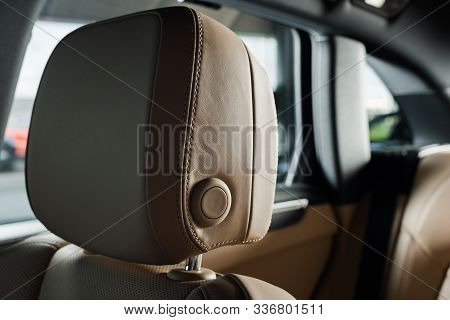 Kyiv, Ukraine - October 7, 2019: Selective Focus Of Beige Headrest In New Luxury Porshe