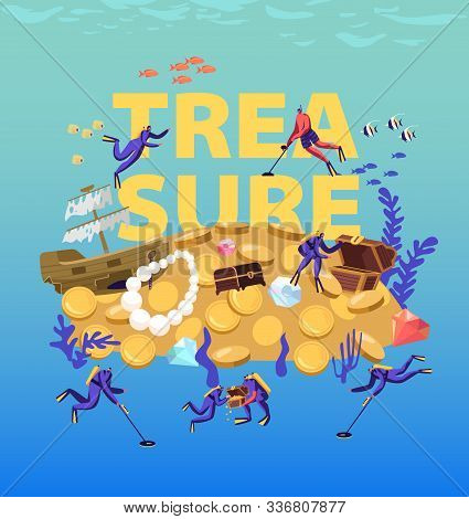 Divers Search And Found Treasures On Sandy Ocean Bottom Concept. People In Diving Suits With Metal D