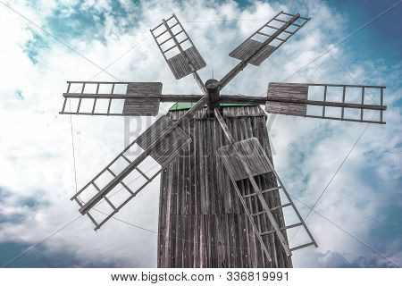 Windmill On Sky Background, Pyrohiv, Kyiv. An Outdoor Museum Of Folk Architecture And Life Of Ukrain