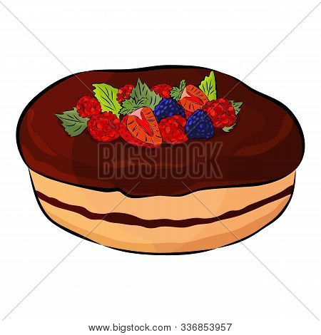 Cake With Strawberry, Raspberry, Mulberry, Mint And Chokolate Isolated On The White Background. Flat
