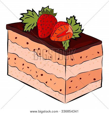 Chokolate Cake With Strawberry, And Mint Isolated On The White Background. Flat Style. Vector Illust