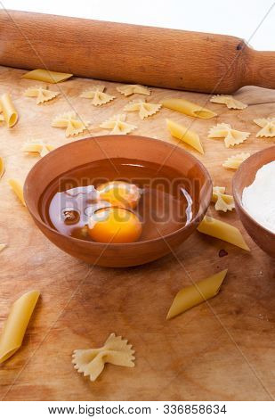 Baking Ingedients. Pasta On Table With Eggs