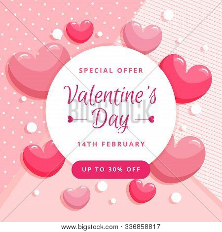 Pink Web Backdrop For Valentines Day Sale. Spe Ial Offer With Hearts And Decorations. Flat Style.