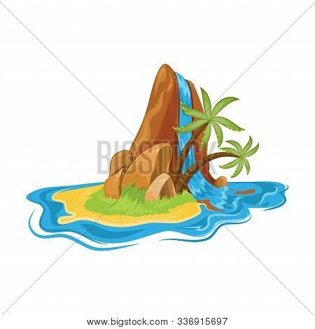 Waterfall On The Tropical Small Desert Island With Palm Trees. Vector Illustration In Flat Cartoon S