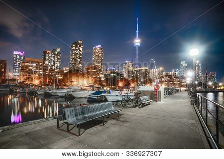Night Skyline Of Toronto, Canada From Marina Quay West