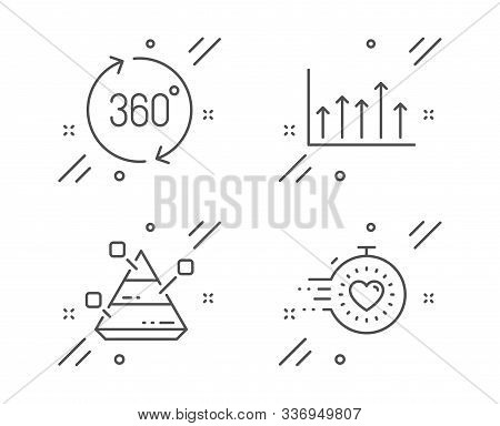 Pyramid Chart, Growth Chart And 360 Degrees Line Icons Set. Timer Sign. Report Analysis, Upper Arrow