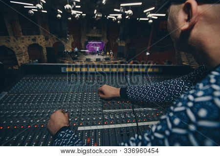Remote Recordists Closeup. Electric Machine On Table For Working Of Sound Designer Or Club Dj At Par