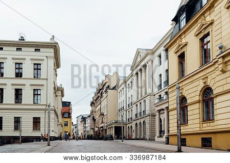 Schwerin, Germany - August 2, 2019: Street In Historic Centre A Cloudy Day Of Summer
