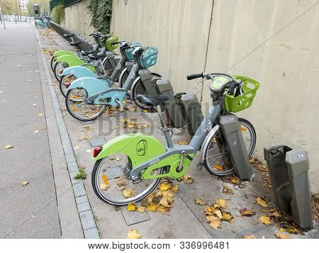 Paris, France - November Circa, 2019. Velib Bicycles Ito Rent . Velib Is A Large-scale Public Bicycl