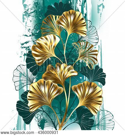 Branch With Jewelry, Gold And Green Leaves Of Ginko Biloba On Light, Painted Green Background. Ginko
