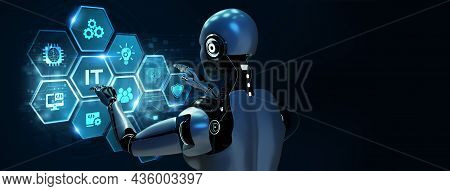 It Consultant Presenting Tag Cloud About Information Technology. Robot Pressing Button On Virtual Sc