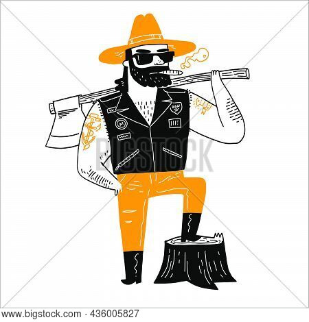 The Outlaw Was Standing Beside The Stump He Had Cut With His Ax. Illustration Vector